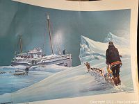 Print showing a large boat named 'St. Roch' with wintry ice and snow covered landscape, one person in cold gear with sled dogs nearby