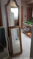 Both mirrors shown together in a room corner with lighting, to show relative size and frame color.