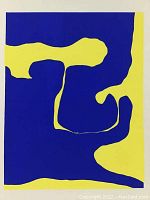 Close-up photo of the silkscreen artwork showing blue and yellow abstract shapes