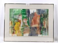 Framed abstract watercolour painting showing varied colors and composition.