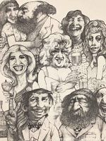 Close-up of multiple caricatured faces and upper body figures in the etching, showing detailed facial expressions and drinks.