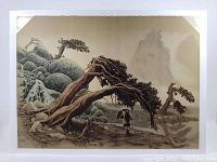 Frontal view of the lithograph showing scene with twisted pine trees, rocky terrain, and a person, mounted on foam board and shrink-wrapped.