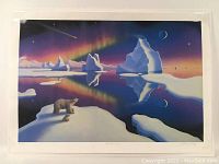 Polar scene lithograph featuring polar bears on ice with aurora borealis lighting the sky, showing full artwork and edges.