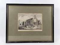 Front view of the framed engraving showing the black frame, olive mat, and the detailed image of Binham Priory.