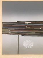 Full view of Michael Cobb serigraph titled 'Bridge at Tokara' showing abstract horizontal bridge structure and circular element on gradient background.