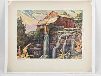 Full view of the signed print titled "Mill On The Cliff" showing the mill on a cliff with flowing waterfalls and natural surroundings.