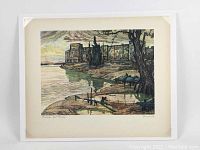 Full view of the Nicholas Hornyanszky signed print showing the riverside fort and figures.