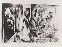 Full view of the black and white lithograph shrink-wrapped on foam board