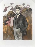 Full view of the lithograph print showing the full standing bearded man with background colors.