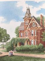 Close-up of the limited edition print showing part of the brick Victorian house and child under parasol, signed or copyright watermark visible.