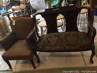 Side-by-side view of the upholstered chair and bench showing their overall condition and design.