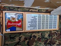 Full view of lighted sign mounted on wall showing Budweiser logo on left and beer brand price list on right