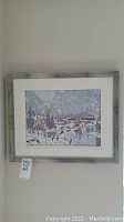 Full view of the framed oil painting showing winter landscape scene