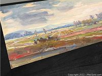Close-up of the oil painting showing brushwork, horses in the field, trees, and cloudy sky.