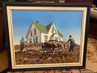 Full front view of framed painting showing two farmers, oxen and farmhouse in rural scene