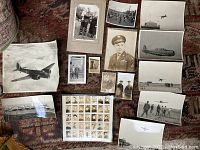 Full spread showing various black and white wartime photos including Air Force men, planes, and a ship with multiple scenes of wartime life.