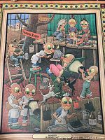 Full view of vintage cartoon style poster showing multiple insect-like characters in a radiology clinic scene with various props and activities.