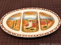 Hand-painted oval ceramic serving platter with three deep compartments and Villa De Sienna design.
