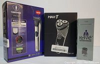 Photo of boxed Ceenwes CWS-035 beard and hair trimmer, Max-T rotary shaver, and Kv The Classic Masculine beard shampoo bottle grouped together.