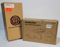 Two cardboard boxes side by side: one for the WorkPro cordless drill driver kit with graphic of drill and accessories, and one for Adam's Polishes with logo.
