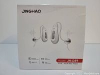 Front view of the boxed Jinghao model JH-D59 BTE hearing aids showing product image and key features on packaging.