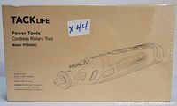 Sealed Tacklife cordless rotary tool box with product details and model number RTD020C.