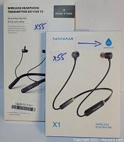 Photo of two wireless headphone product boxes, one labeled Nanami X1 wireless headphones, the other X55 wireless headphone transmitter set for TV model HT2906.