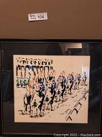 First framed print shows riders on horseback in blue shirts in a stylized arrangement with some abstract elements, framed in a black frame with light matting.
