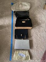 Overview of 6 purses laid on carpet showing variety of designs, materials, and styles including fabric, leather, and clutches.