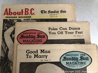 Three vintage Vancouver Sunday Sun magazines stacked, showing the top covers and titles from 1948 and 1954 issues.