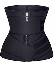 Front view of the black waist trainer showing zipper and Velcro strap.