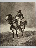 Full view of the engraved print showing the Comanche Indian mounted on a horse, detailed shading and composition visible.