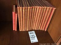 Full set of 15 antique Shakespeare books lined up showing worn cloth hardbound covers mainly in red.