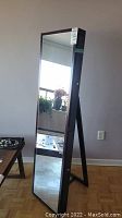 Full front view of the tall standing mirror with dark wood frame and reflection of room.