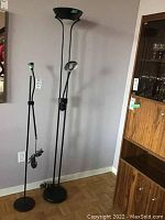 Photo of two black standing floor lamps, one taller with torchiere and flexible arm, one shorter with flexible arm.