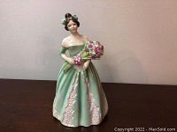 Front view of Royal Doulton porcelain figurine 'Happy Birthday' showing detailed hand-painted face, gown in pastel green with floral bouquet in arms.