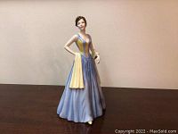 Front view of Royal Doulton May Blossom figurine showing detailed gown colors and pose