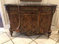 Front view of console cabinet showing marble top, veneer and ormolu