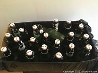 Group of 20 green glass bottles with snap lids inside a black container, top view.