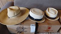 Three large straw hats on a box, showing wide brim hat, boater and fedora styles.