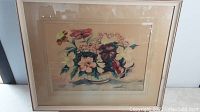 Full view of watercolour painting "Mixed Flowers" in a period frame with glass, showing floral arrangement artwork.
