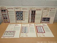 Nine blocks of stamps from the 1960s and 1970s on informational cards, featuring themes such as Historic Flags, Apollo/Soyuz, Declaration of Independence, Spirit of '76, Military Personnel, Postal Fluorochemical Research, United States Independence.