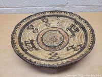 Top view of the woven bowl showing intricate geometric pattern and coloration.