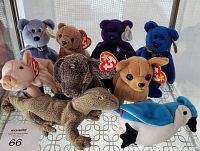 Photo showing 9 Beanie Babies including bears, piglet, dogs, lizard, and bird arranged on a shelf with some having Ty tags, including the Princess Diana bear.