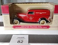 Side profile of the 1934 Ford delivery van die-cast model in original packaging showing Canadian Tire logos in red, black, and gold colors.