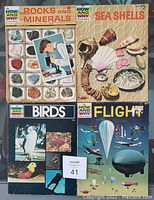 Photo showing the front covers of the four vintage How and Why Wonder books titled Rocks and Minerals, Sea Shells, Birds, and Flight.