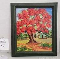 Front view of the framed original oil painting showing a red-leafed tree and a small house in the background.