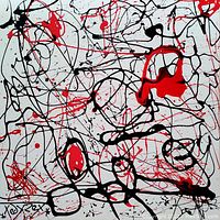 Frontal view of the square painting showing full composition of red and black enamel drips on white canvas