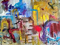 Close-up of textured brush strokes and palette knife marks in yellow, red, blue and purple hues.