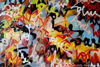 Close-up view of central canvas area with overlapping red, white, yellow and black graffiti script